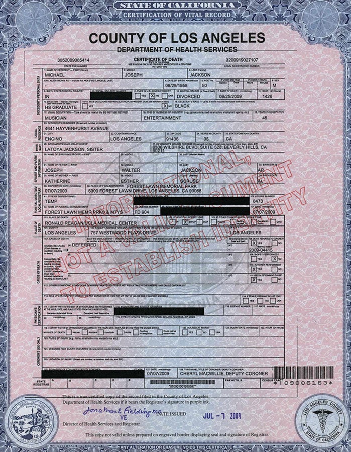 Michael Jackson: Der Totenschein GROSS