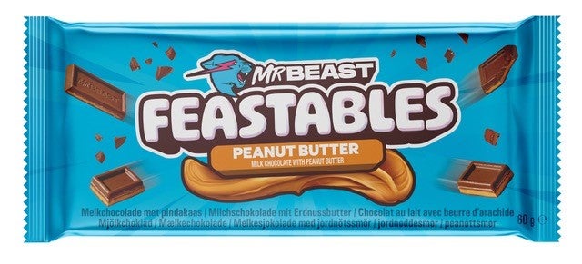 Mr. Beast Feastables in vier Sorten: Peanut Butter, Milk Chocolate, Milk Crunch und Almond zu je 60 g um 1,99 Euro per Packung
