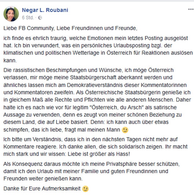 Negar Roubani Facebook-Posting