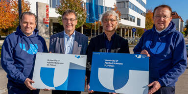 Alfred Kellner (Leiter der Magistratsabteilung Kultur und Bildung der Stadt St. P&ouml;lten), B&uuml;rgermeister Matthias Stadler und die beiden Gesch&auml;ftsf&uuml;hrer der USTP &ndash; University of Applied Sciences St. P&ouml;lten, Johann Haag und Hannes Raffaseder&nbsp;