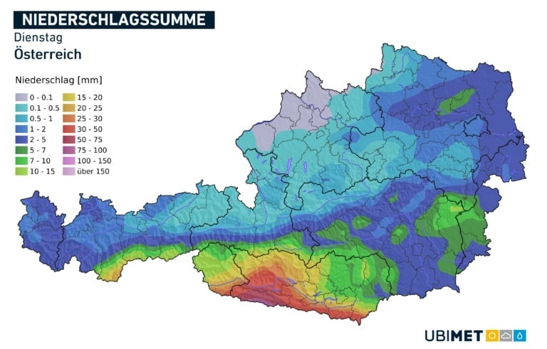 Die Niederschlagsprognose für Dienstag (Stand Sonntag, 12 Uhr). Besonders in Osttirol und Oberkärnten deutet sich ergiebiger Regen an. 