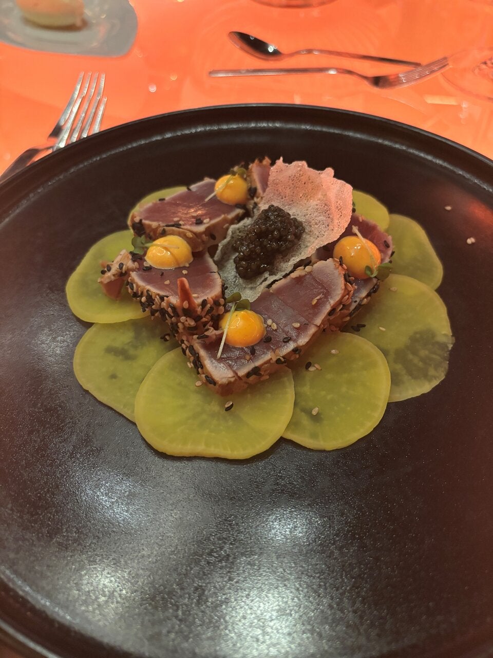 Die Vorspeise: Tataki vom Gelbflossen-Thunfisch. 