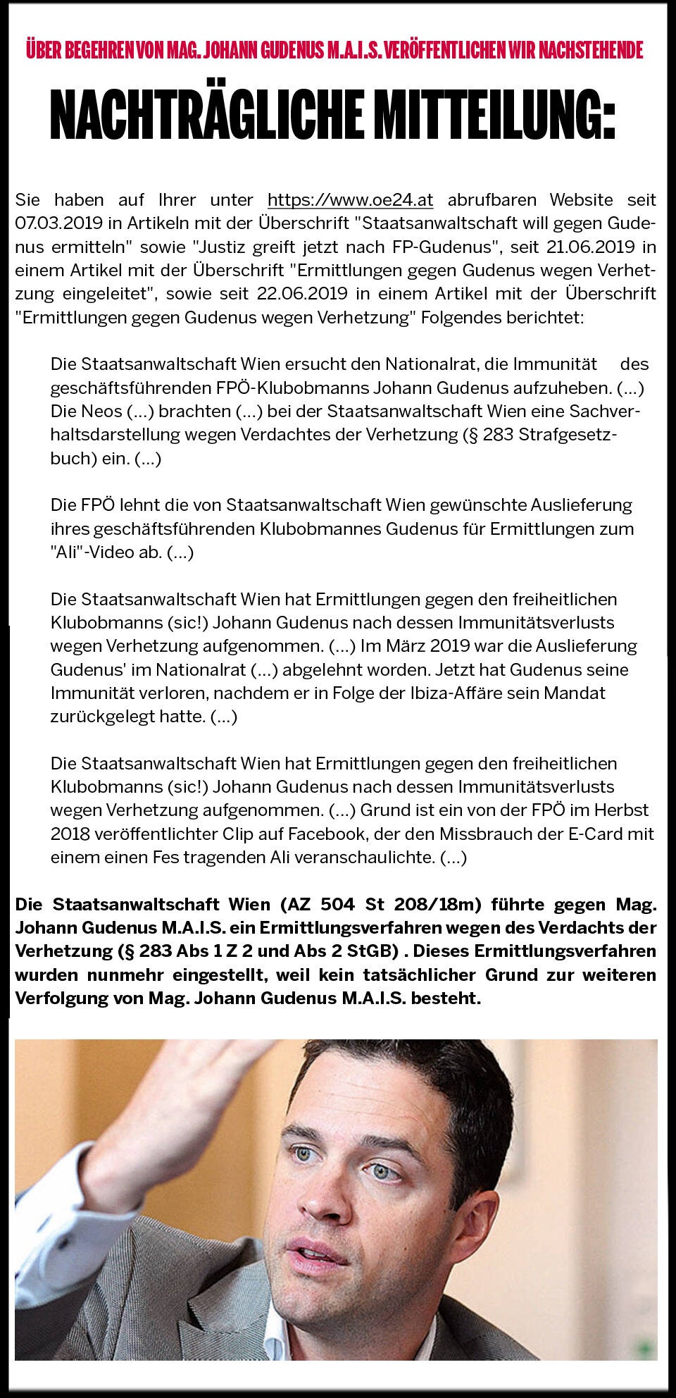 Nachträgliche Mitteilung: