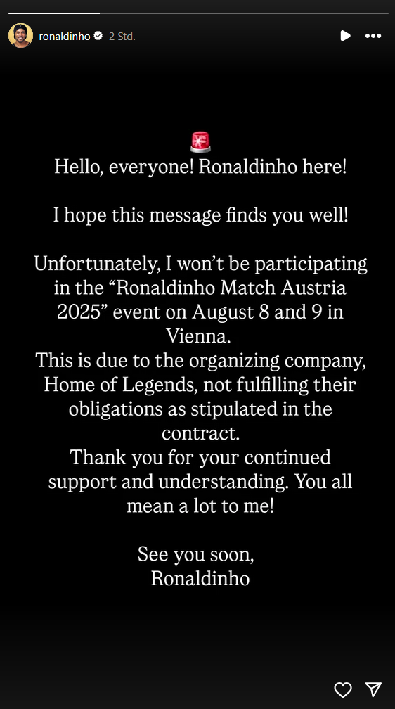 »Vertragliche Zusagen nicht erfüllt«: Ronaldinho sagt Wien-Match ab