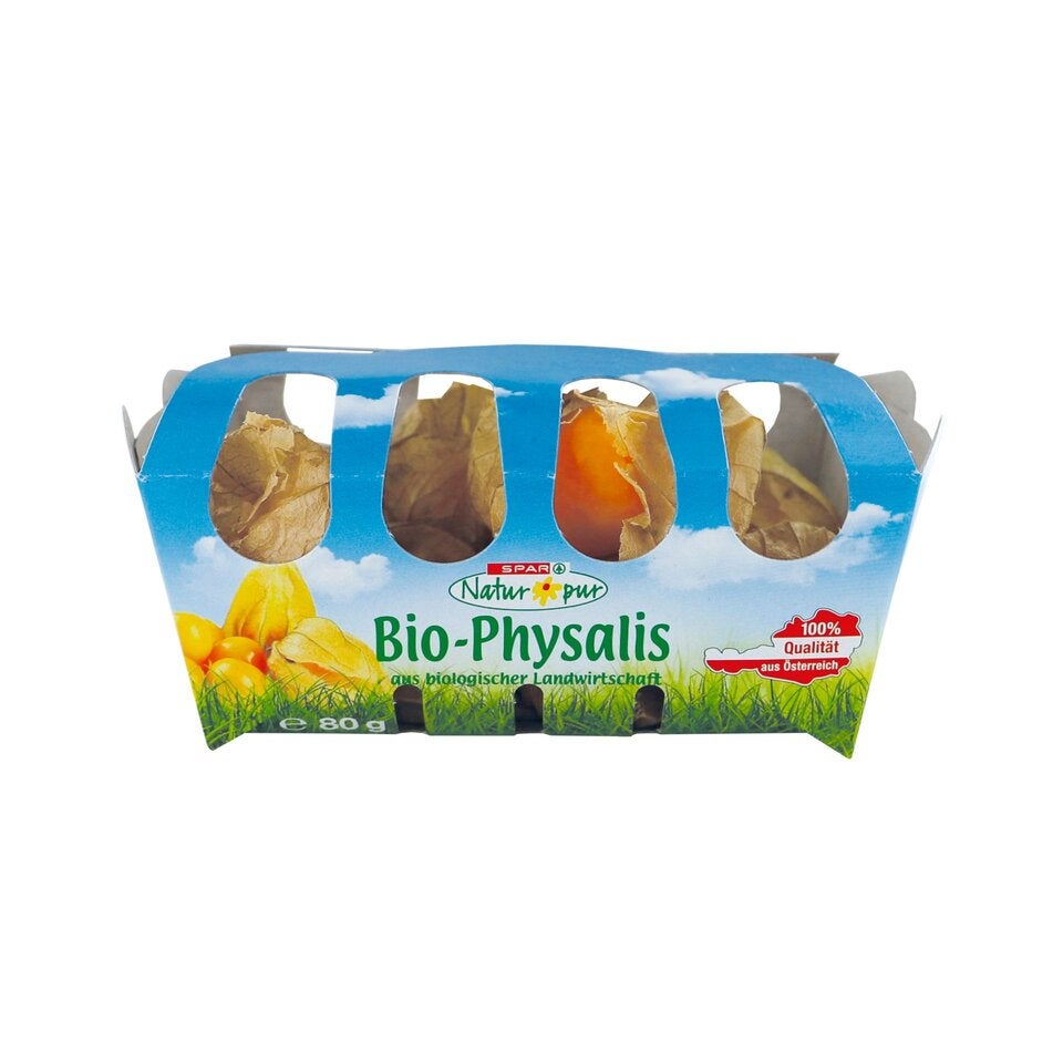 Die goldgelbe Spar Natur*pur Bio-Physalis reift zwischen grünen Blättern und überzeugt mit einem süß-säuerlichen und leicht herben Geschmack – erhältlich  bis November/Dezember.