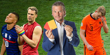 Frenkie Schinkels mit Kylian Mbappe, Manuel Neuer und Matthijs de Ligt