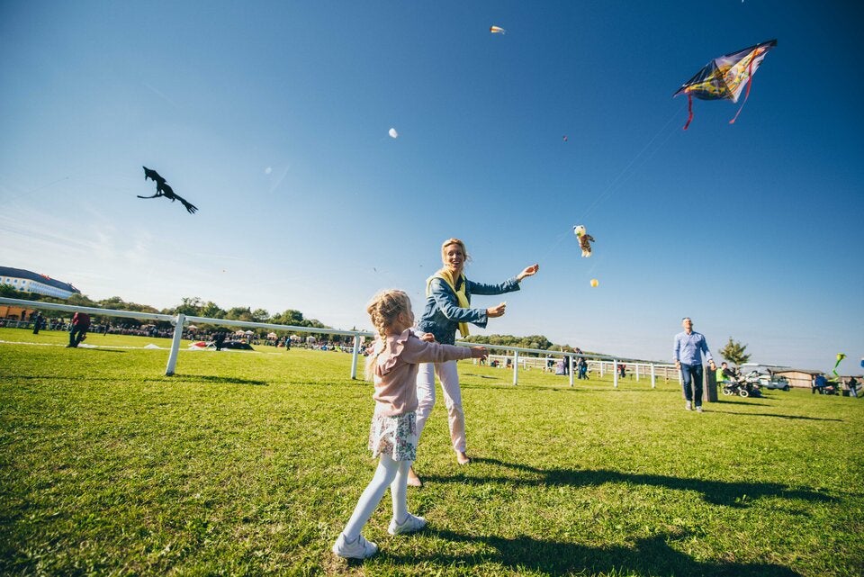 Riesendrachen kreisen über Schloss Hof