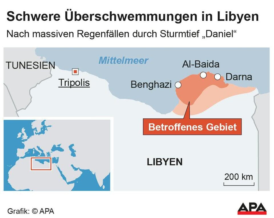 Landkarte zeigt Libyen und die betroffenen Gebiete.