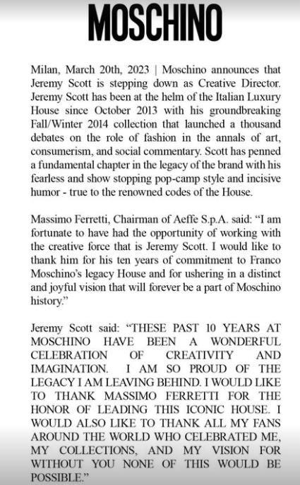 Kreativdirektor Jeremy Scott verlässt Moschino nach 10 Jahren
