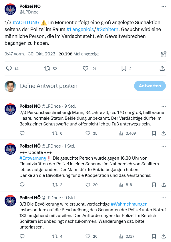 Polizei NÖ auf Twitter: Fahndung nach FPÖ-Politiker nach Leichenfund