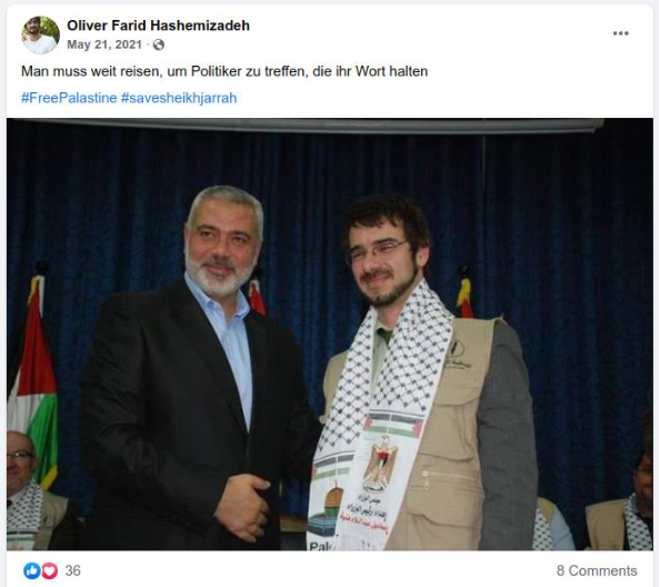 Dar-al-Janub-Sprecher Oliver Hashemizadeh posiert auf Facebook mit Hamas-Führer Ismail Haniyya