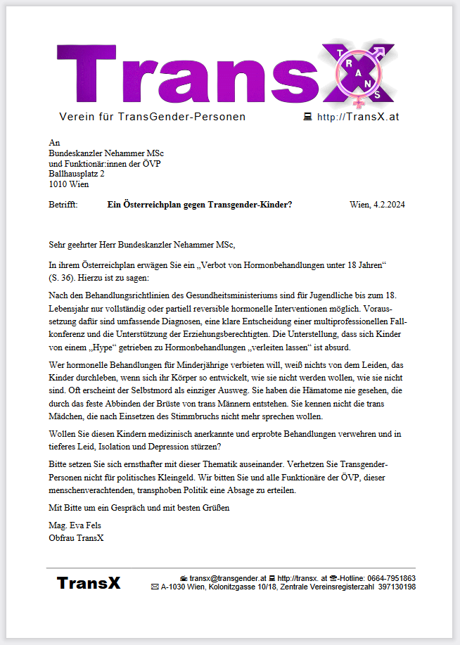 Offener Brief des Transgender-Vereins 