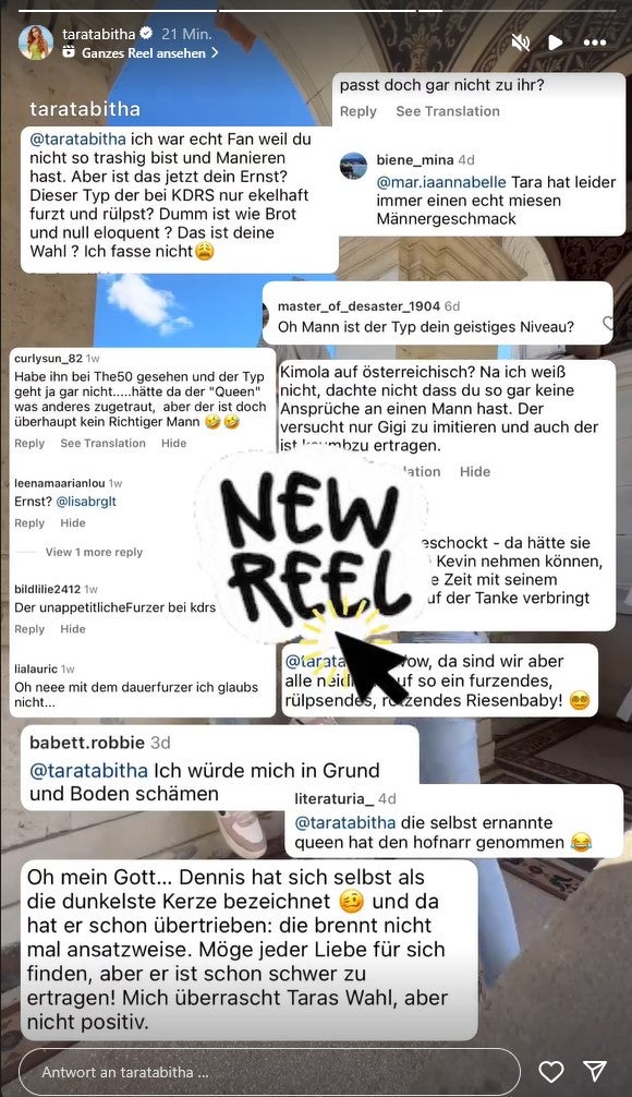 Tara veröffentlichte die vielen hasserfüllten Kommentare auf Instagram.