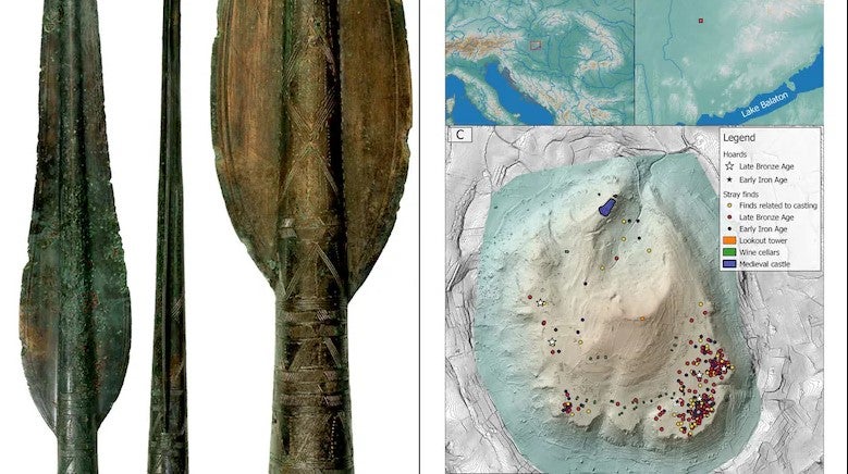 Ein Foto zeigt links die filigranen Muster auf den Metallfunden, rechts eine Karte des Somló-Bergs mit den genauen Fundstellen. 