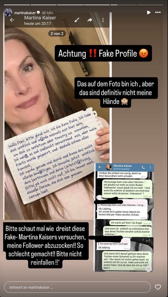 Martina Kaiser warnt vor Fake-Profilen 