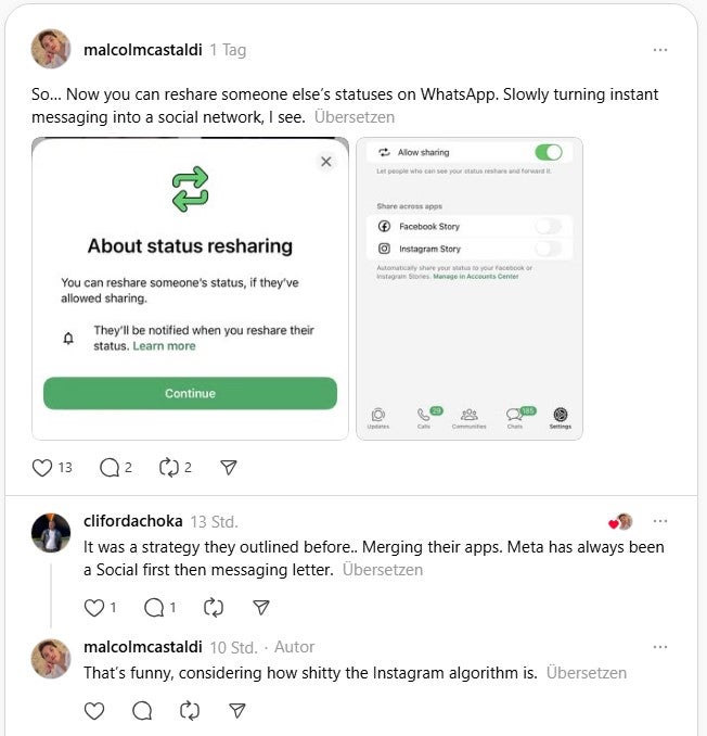Teilen erlaubt: Der Whatsapp-Status wird sozialer.