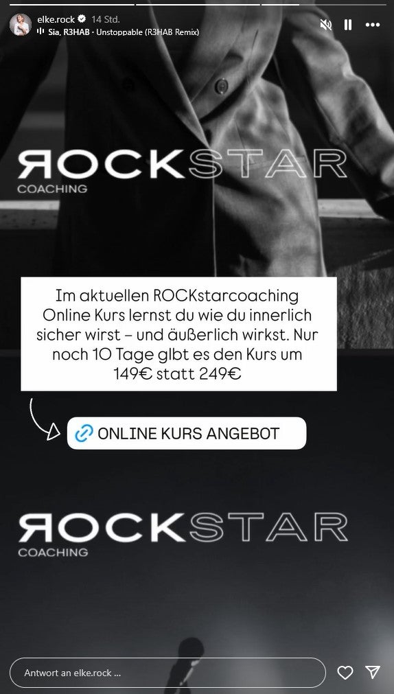 Elke Rock macht Werbung für ihr Coaching-Angebot. 