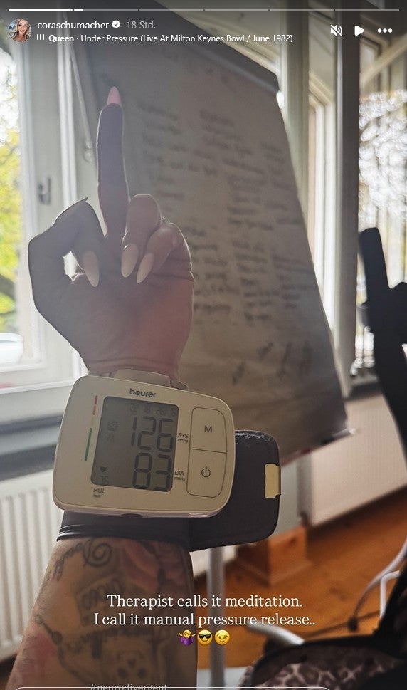 Cora Schumacher postete ihren Mittelfinger in einer Instagram-Story.