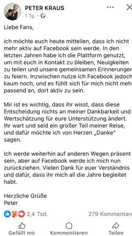 Peter Kraus verabschiedet sich von Facebook.