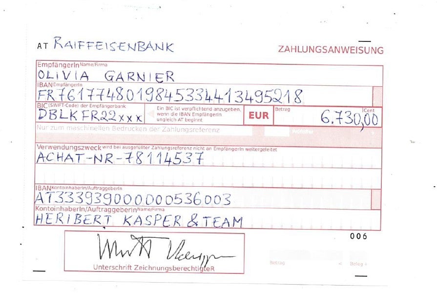 Der Zahlschein mit der gefälschten Unterschrift.