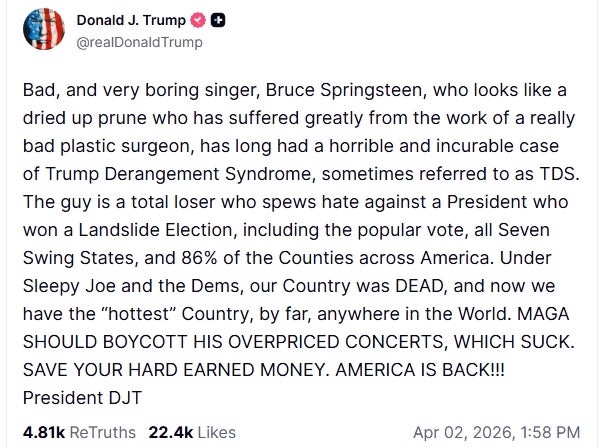 Donald Trump poltert jetzt wieder gegen Bruce Springsteen: „Grottenschlechte Konzerte boykottieren!“