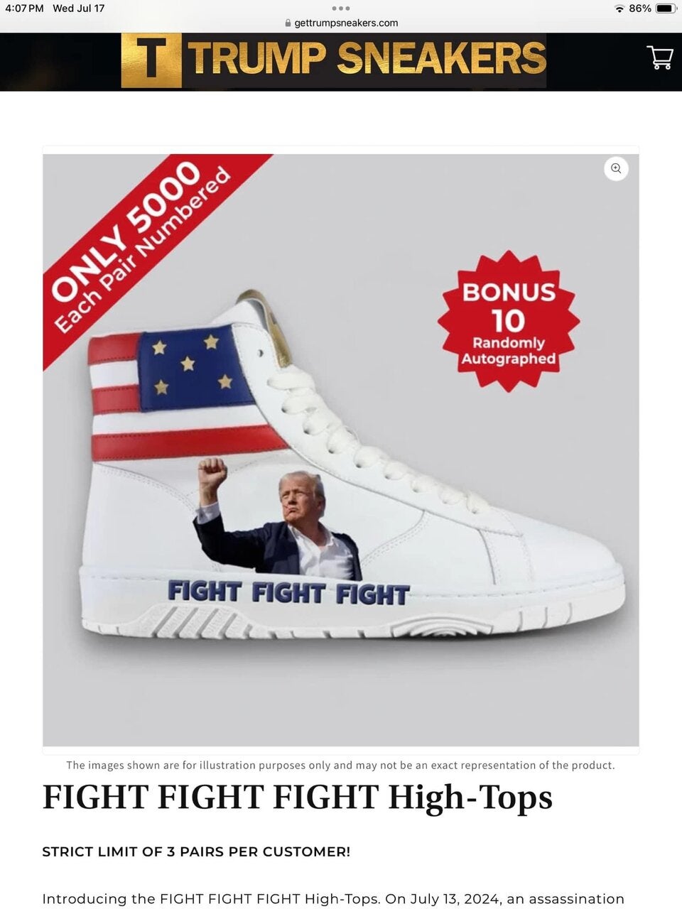 Trump verkauft jetzt Sneakers mit Bild vom Attentatsversuch!