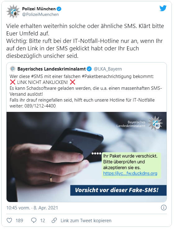 Twitter Warnung vor SMS-Abzocke Polizei München