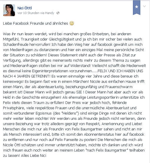 Nicole Öttl gibt Trennung von Felix Baumgartner auf Facebook bekannt