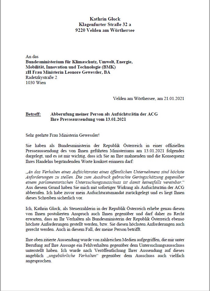 Diesen Brief schickte Kathrin Glock an Ministerin Gewessler
