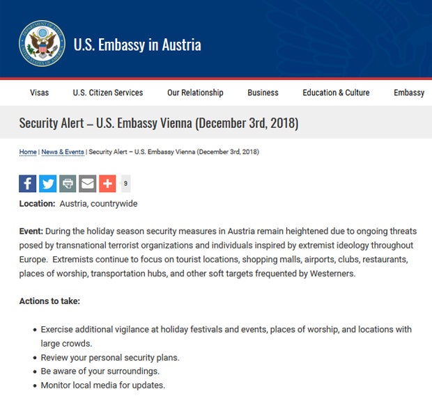 US-Botschaft warnt vor Terror in Österreich