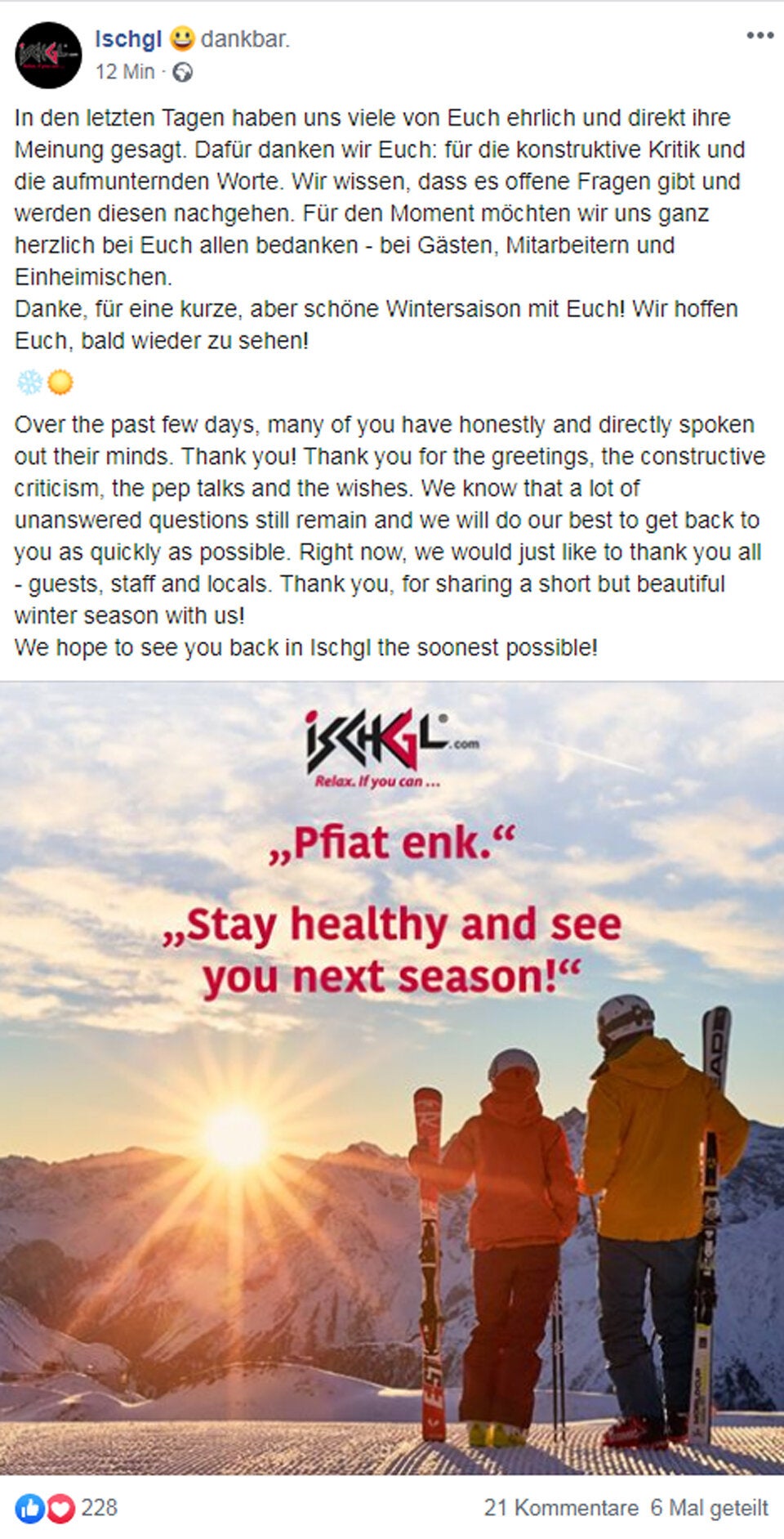 ''Dankbar'': Corona-Hotspot Ischgl verwirrt mit Posting