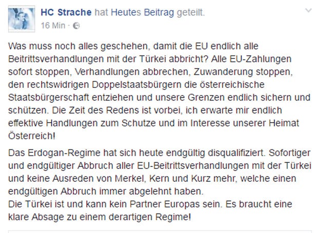 So reagiert Strache auf das Türkei-Referendum