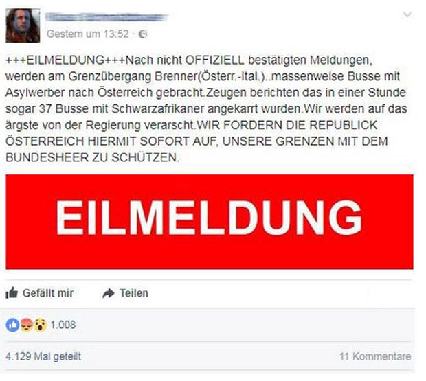 Wirbel um Fake-Posting über Flüchtlinge am Brenner
