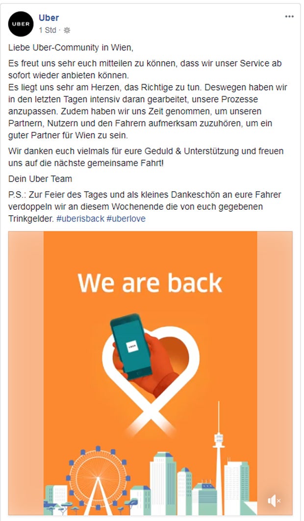 Knalleffekt: Uber fährt wieder in Wien