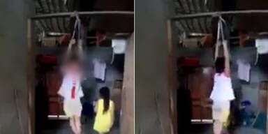 M&auml;dchen (5) gefesselt an Dachbalken geh&auml;ngt