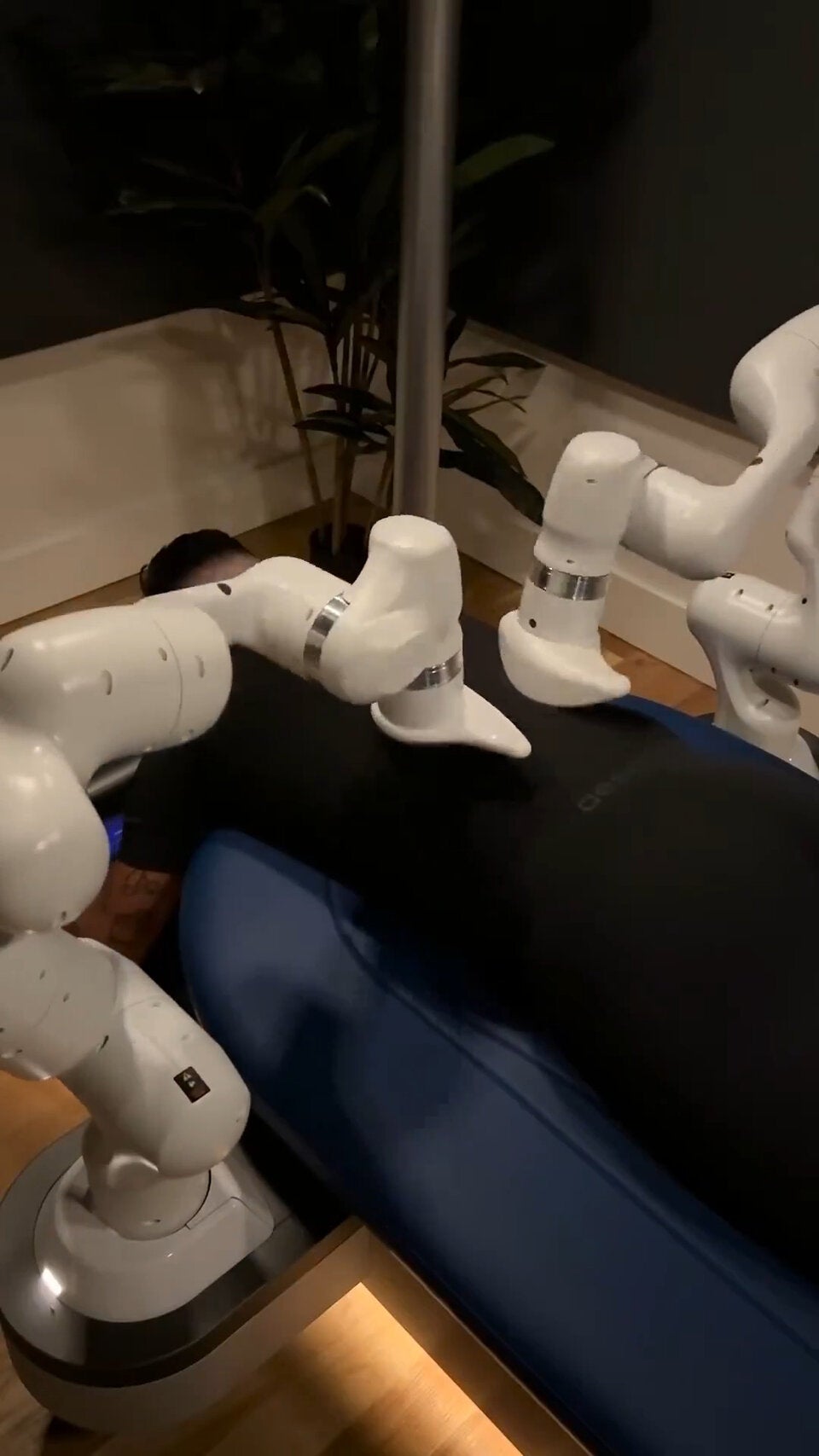 Zwei Roboterarme massieren automatisch den Rücken eines Gastes. 