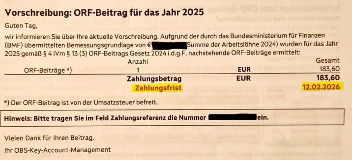 ORF-Beitrag Zahlungsfrist