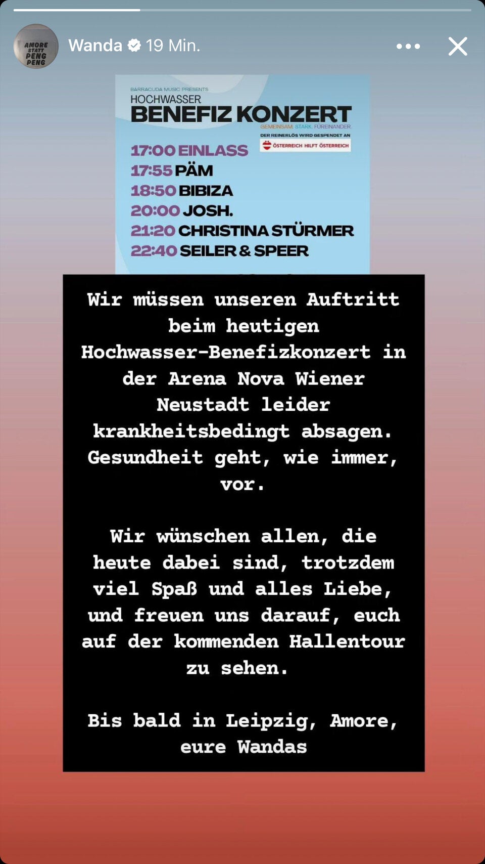 Wanda müssen Hochwasser Benefiz absagen – und sprechen schon von der letzten Tour!