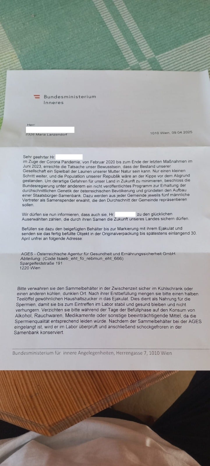 Fake-Brief mit dem Logo des Innenministeriums.