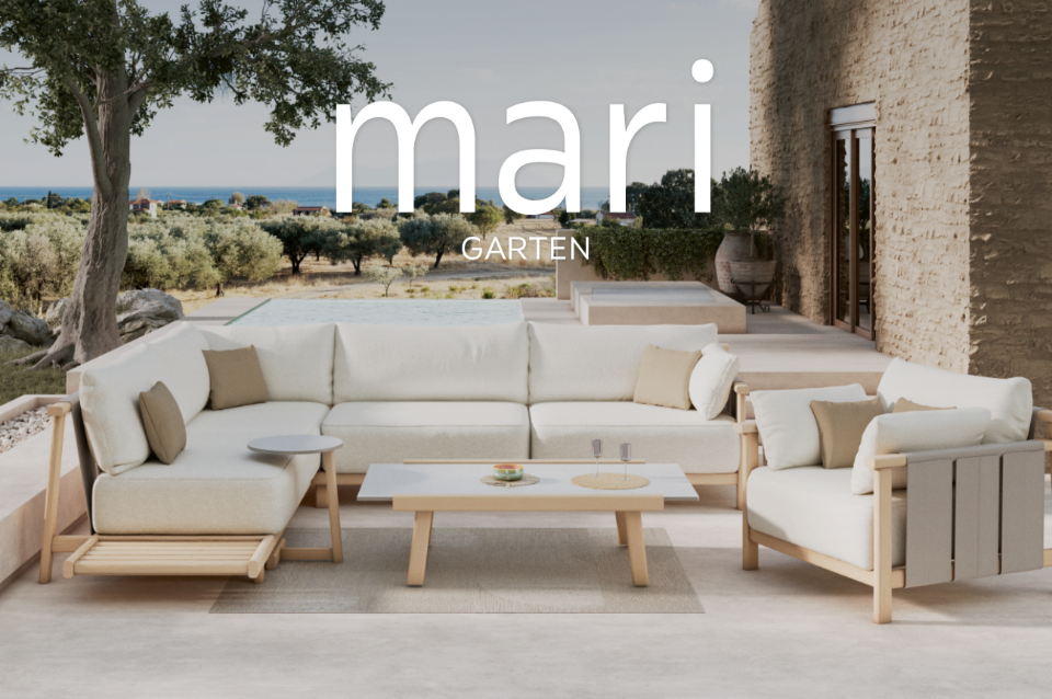 Gewinner #3: Outdoor-Loungekollektion Mari: FSC-zertifiziertes Eschenholz, wetterfeste Kissen und klare Linien – Mari verbindet mediterranes Lebensgefühl mit Natur und Nachhaltigkeit. 