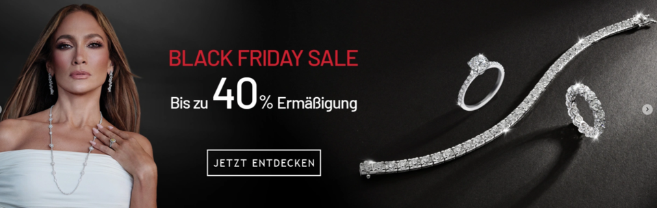 Auf der Website des Schmuckhändlers wirbt Jennifer Lopez für den Black Friday Sale. Kaum zu übersehen: Der Verlobungsring auf ihrem Finger.
