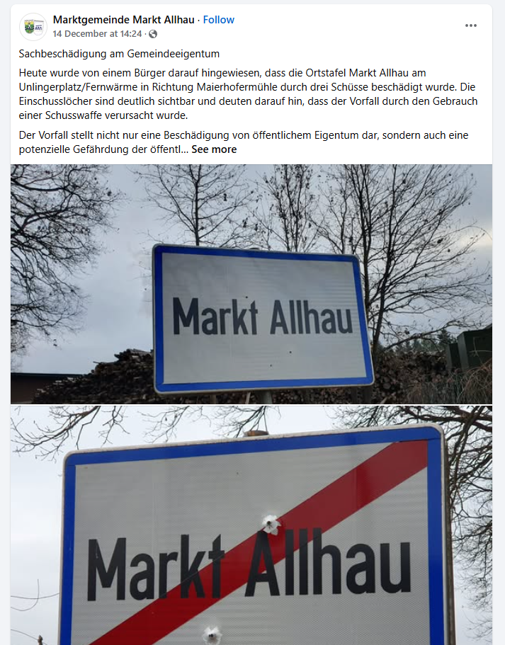 Schüsse auf Ortstafel: Polizei ermittelt