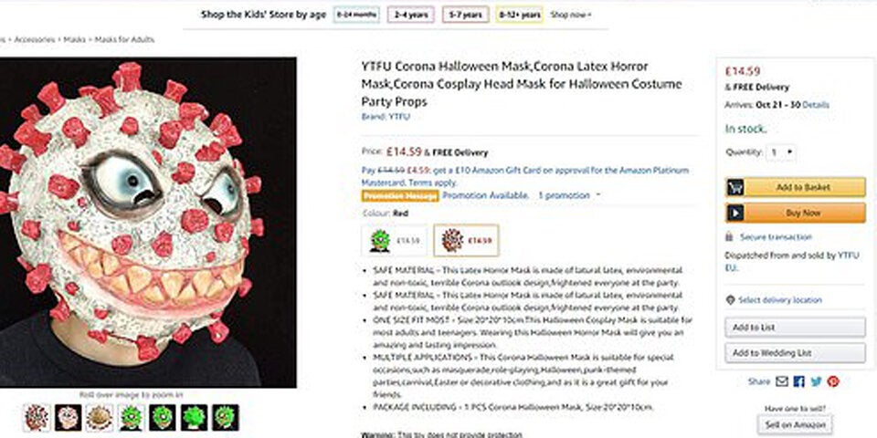 Aufregung um 'Halloween-Corona-Masken' auf Amazon
