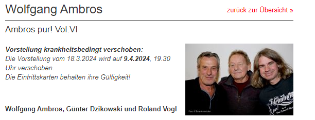 Krankheitsbedingt! Wolfgang Ambros sagt Wien Konzerte ab!