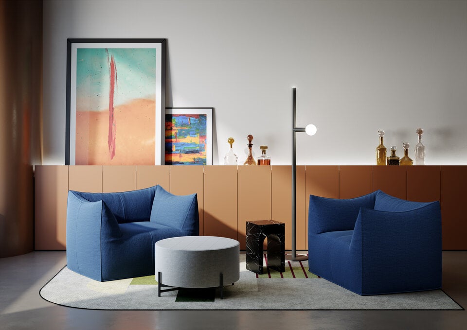 Die Frische von Blue Curacao in Kombination mit der Anima Liquida-Anrichte in Mocha Mousse ist eine gelungene Komposition. Preis auf Anfrage, antoniolupi.it 