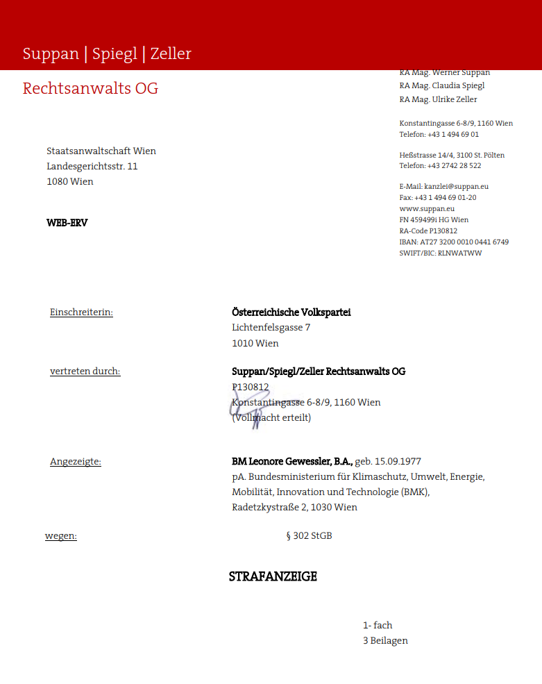 Anzeige gegen Gewessler, Seite 1