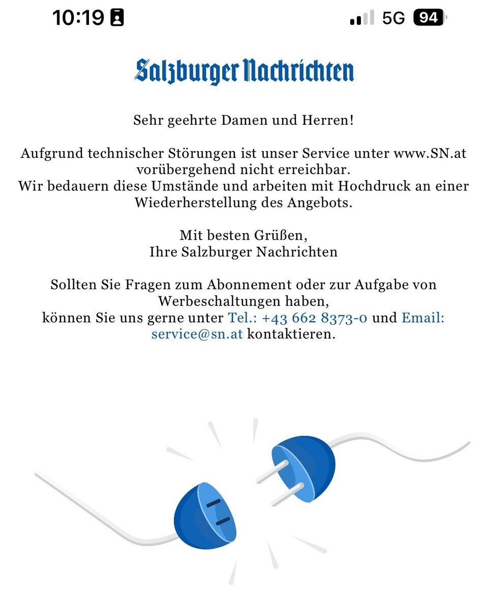 Website der Salzburger Nachrichten SN.at lahmgelegt.