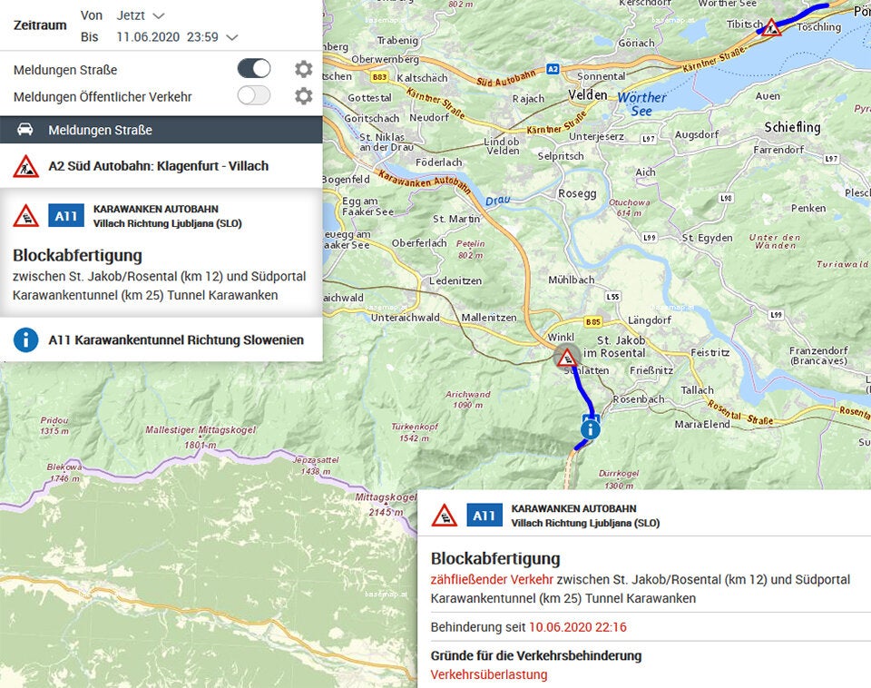 Kilometerlanger Stau vor dem Karawankentunnel