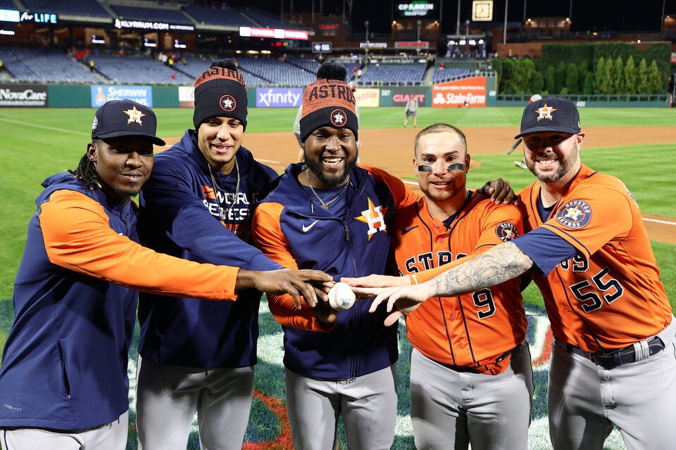 Houston Astros Rafael Montero, Bryan Abreu, Christian Javier, Christian Vazquez und Ryan Pressly