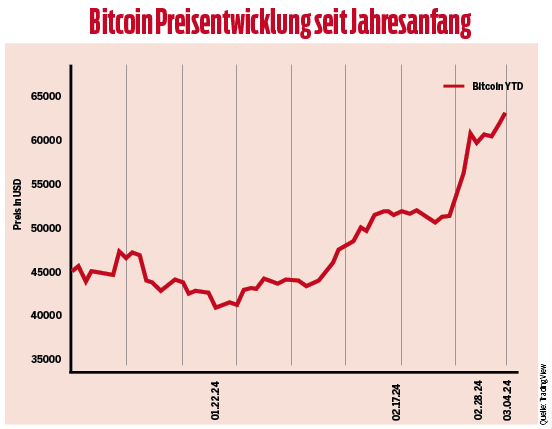 Der Bitcoin stieg seit Anfang des Jahres stark an und liegt nun bei rund 65.000 Dollar.